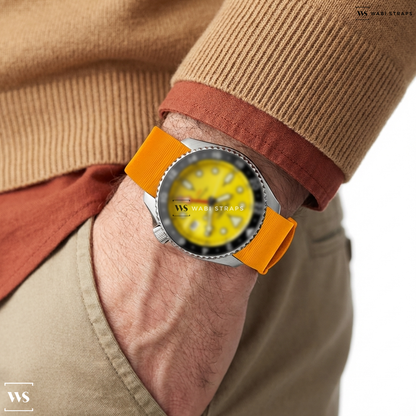 Orange Smooth Rubber Watch Strap on Seiko 5 Sports Automatic GMT Watch with Yellow Dial #SSK017