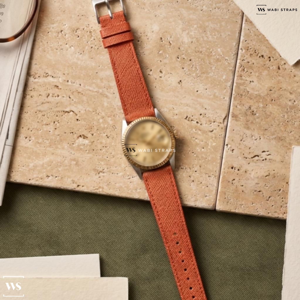 Orange Cross Hatch Leather Watch Strap on Rolex Datejust Ref. 1601 “Wide Boy”