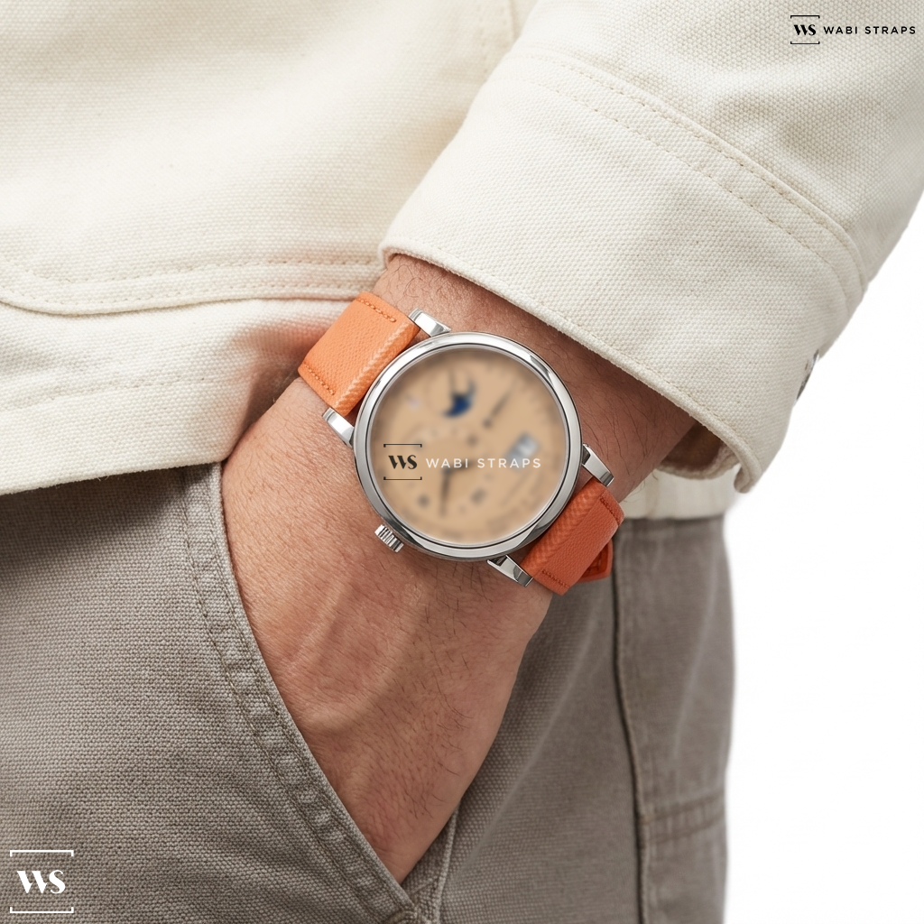 Orange Cross Hatch Leather Watch Strap on A. Lange and Sohne Lange 1 Perpetual Calendar 345.056 18k White Gold LIMITED