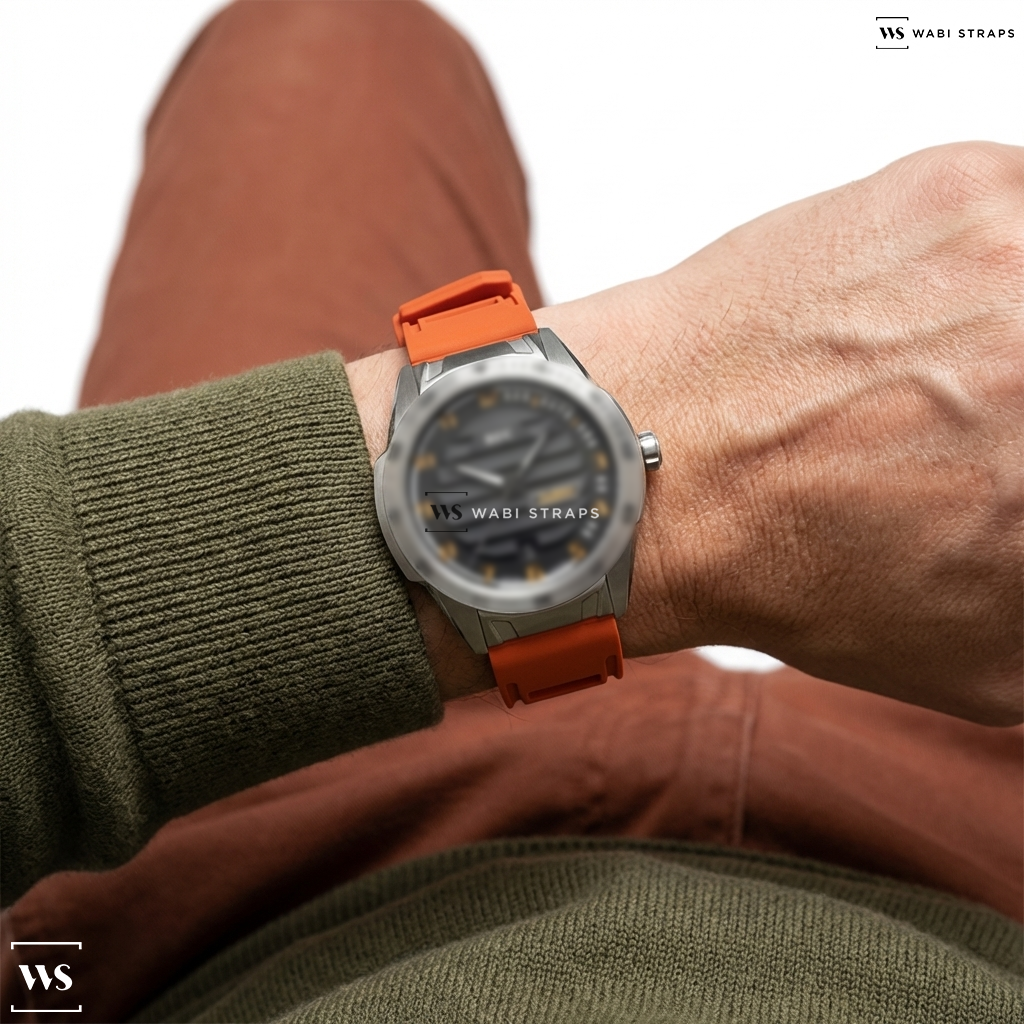 Orange Perforated Rubber Watch Strap on REC Watches Turbo NightDrive