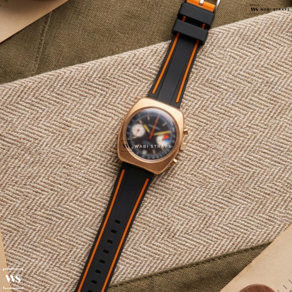 Black/Orange Contrast Edge Silicone Watch Strap on Oriental Watch Vintage Incabloc Yacht Timer Cushion Case