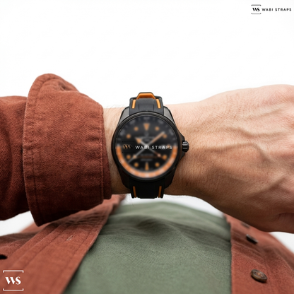 Black/Orange Contrast Edge Silicone Watch Strap on Certina DS Action GMT Powermatic 80 Orange & Black