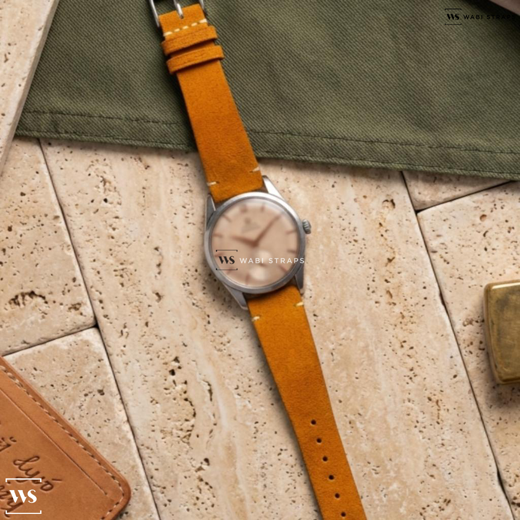 Orange Fuzzy Grain Suede Watch Strap on Omega Seamaster Subsecond Vintage