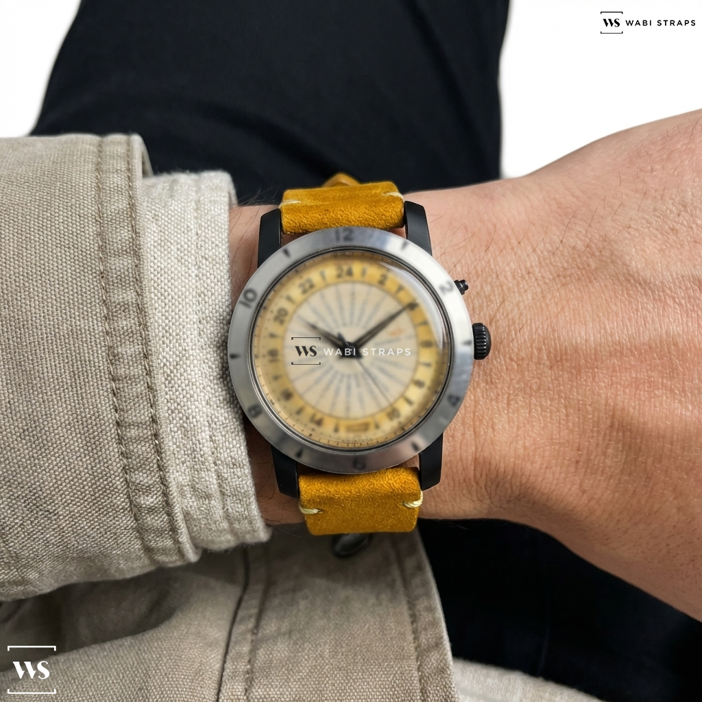 Orange Fuzzy Grain Suede Watch Strap on Tissot Worldtime Navigator Bumper
