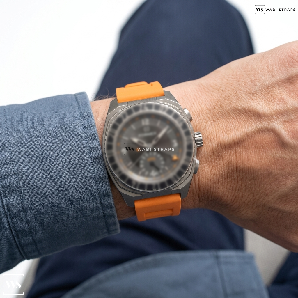 Orange Vented Silicone Watch Strap on Formex Stratos UTC Automatic Grey Dial