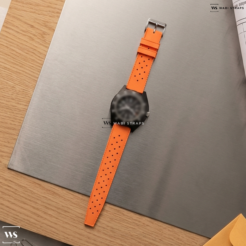 Orange Perforated Rubber Watch Strap on Marathon New Sapphire Crystal Pilot's Navigator with Date & Tritium - Black - 41mm