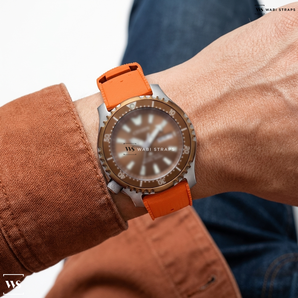 Orange Perforated Rubber Watch Strap on CITIZEN NY0164-65X PROMASTER FUGU LIMITED EDITION AUTOMATIC MEN WATCH