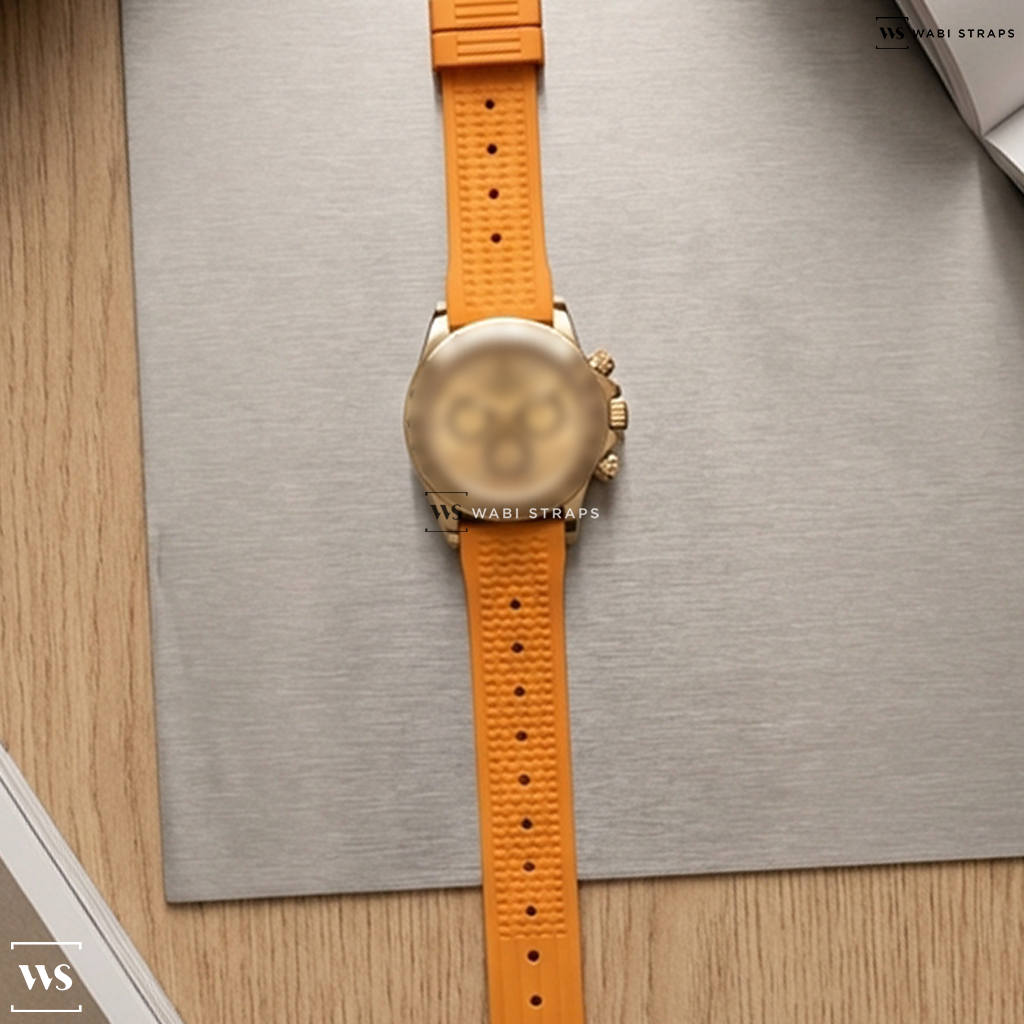 Orange Ribbed Rubber Watch Strap on Rolex Daytona Zenith Champagne Dial SHARP "4-Liner" c. 1990