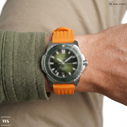 Orange Ribbed Rubber Watch Strap on Formex REEF Automatic Chronometer COSC 300M Green Bezel