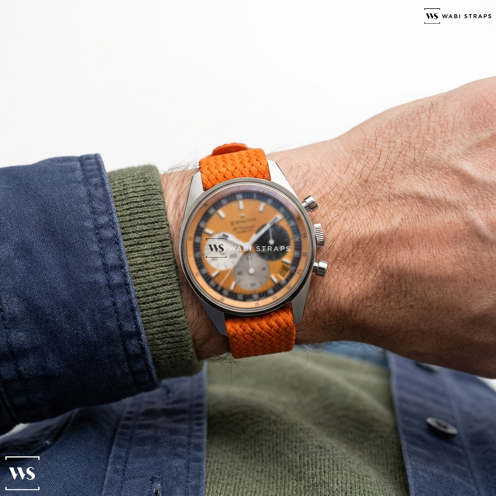 Orange Solid Plain Nylon Watch Strap on Zenith El Primero Chronomaster Original HODINKEE Salmon Dial