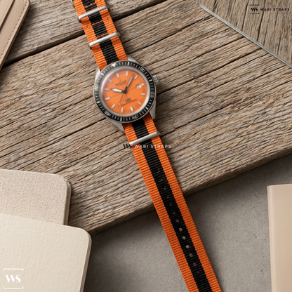 Black/Orange 3 Stripes Nylon Watch Strap on Certina DS Super PH500M