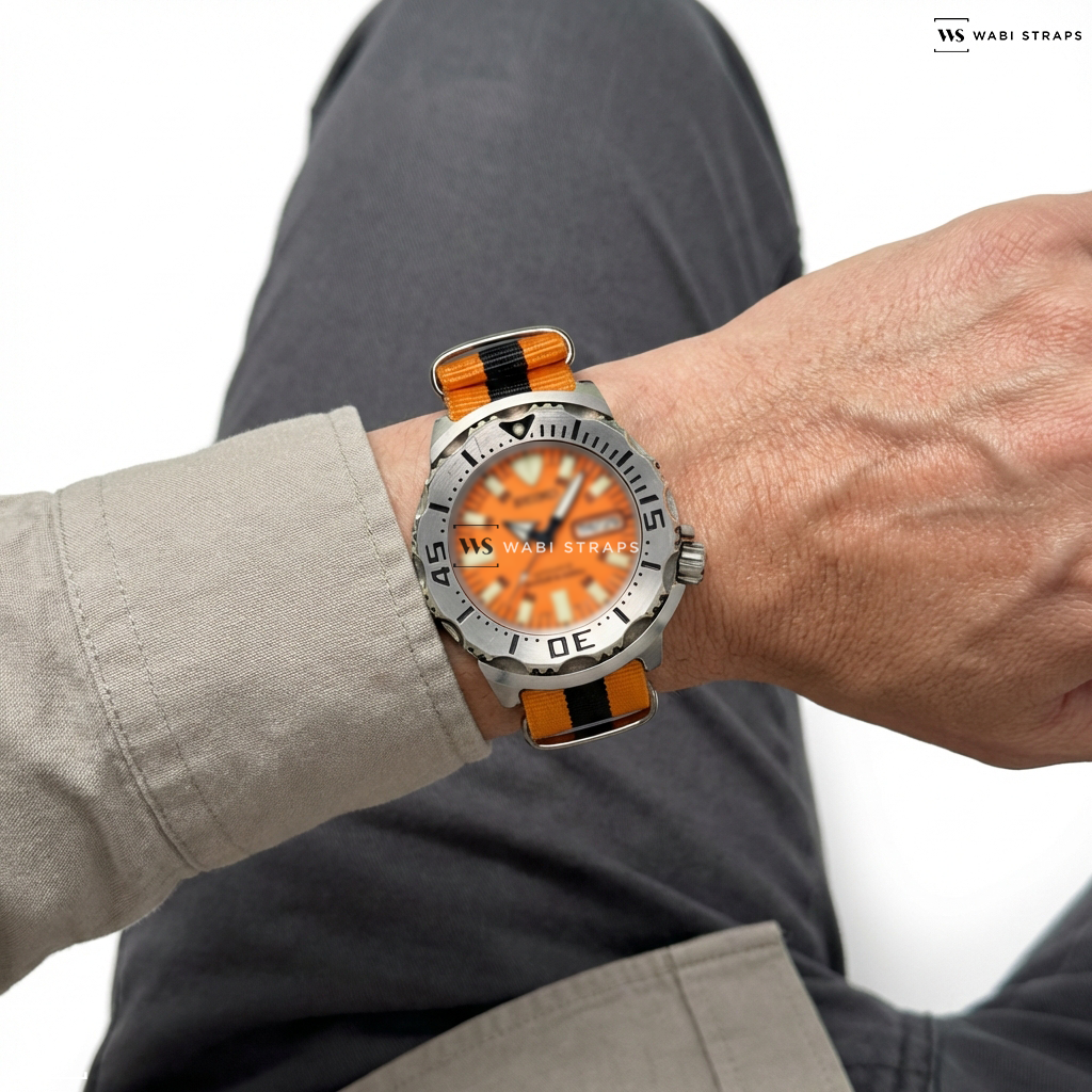 Black/Orange 3 Stripes Nylon Watch Strap on 2007 Seiko Orange Monster 1st Gen SKX781 Box & Papers