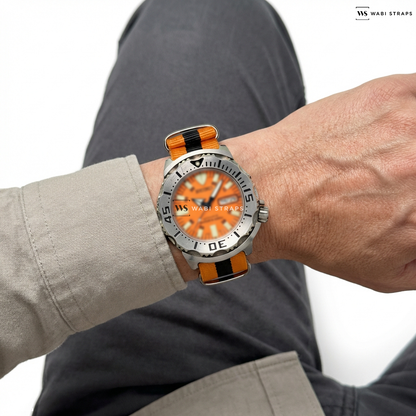 Black/Orange 3 Stripes Nylon Watch Strap on 2007 Seiko Orange Monster 1st Gen SKX781 Box & Papers