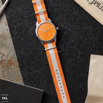 Orange/White 3 Stripes Nylon Watch Strap on Nomos Glashuttee Club Campus Future Orange