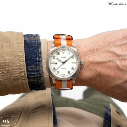 Orange/White 3 Stripes Nylon Watch Strap on Brunswick Ice (1-of-1) - Fears Watches x EveryWatch – Fears Watch Company Limited