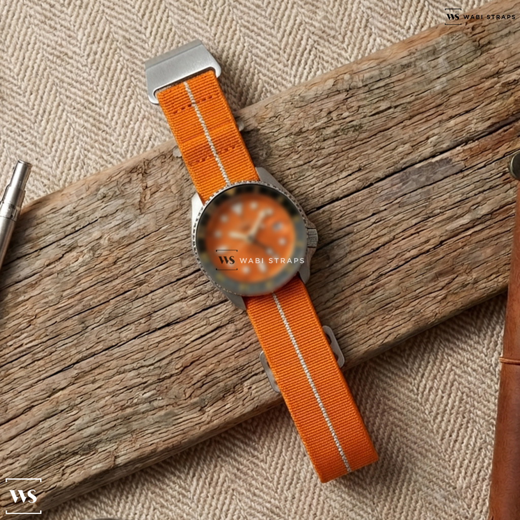 Orange/White 3-Stripe Nylon Watch Strap on Seiko 5 Sports Automatic GMT Watch with Orange Dial #SSK005