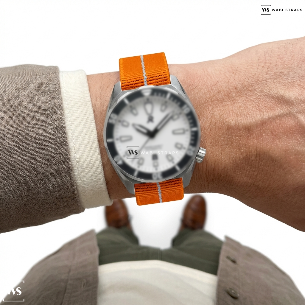 Orange/White 3-Stripe Nylon Watch Strap on RZE ASPIRARE - Diamond White
