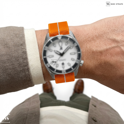 Orange/White 3-Stripe Nylon Watch Strap on RZE ASPIRARE - Diamond White
