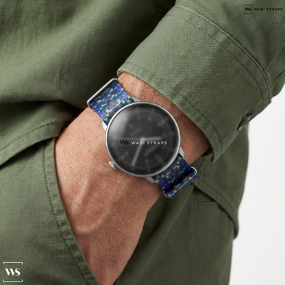 Blue/Green Graphic Print Nylon Watch Strap on Sternglas HAMBURG Black