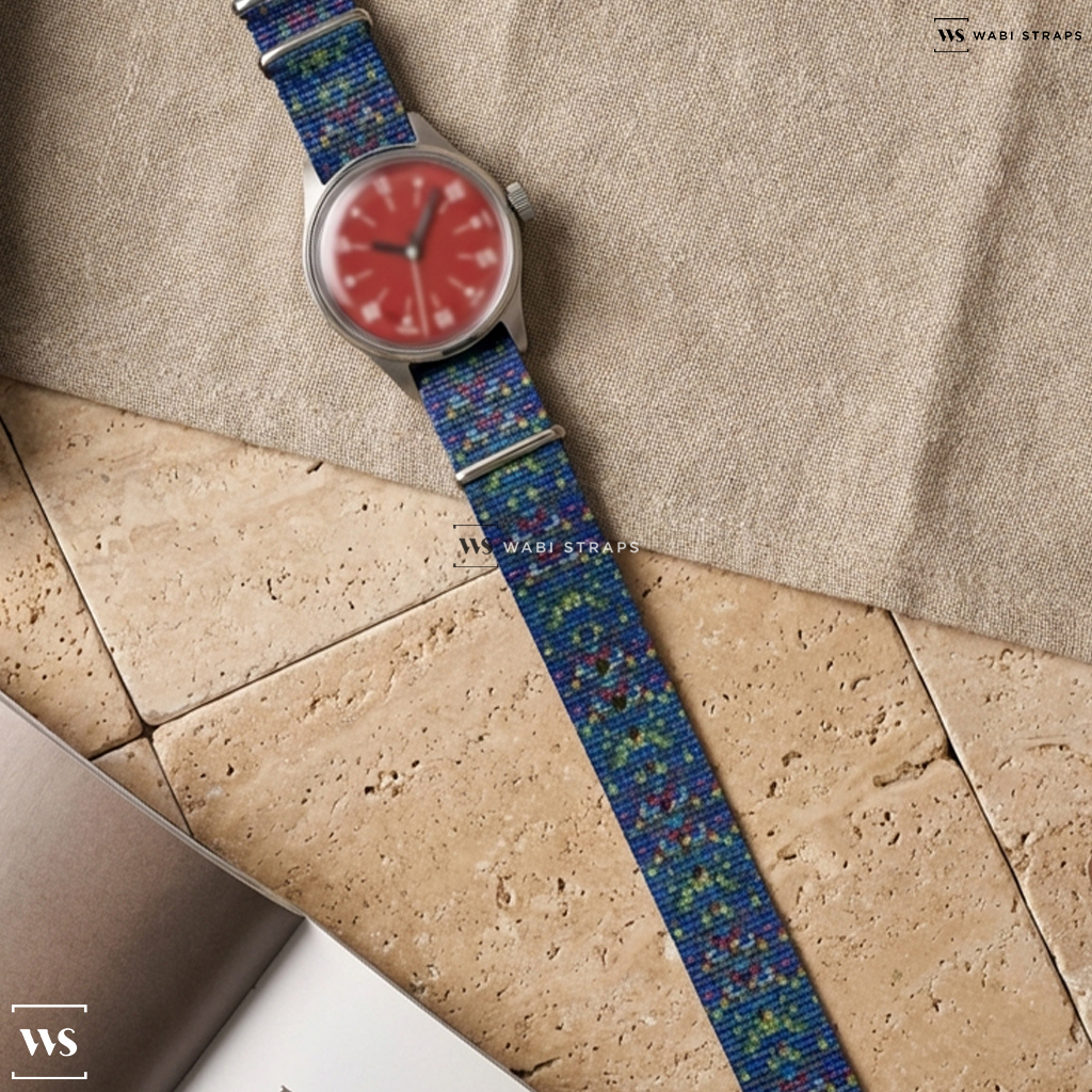 Blue/Green Graphic Print Nylon Watch Strap on Paulin Neo