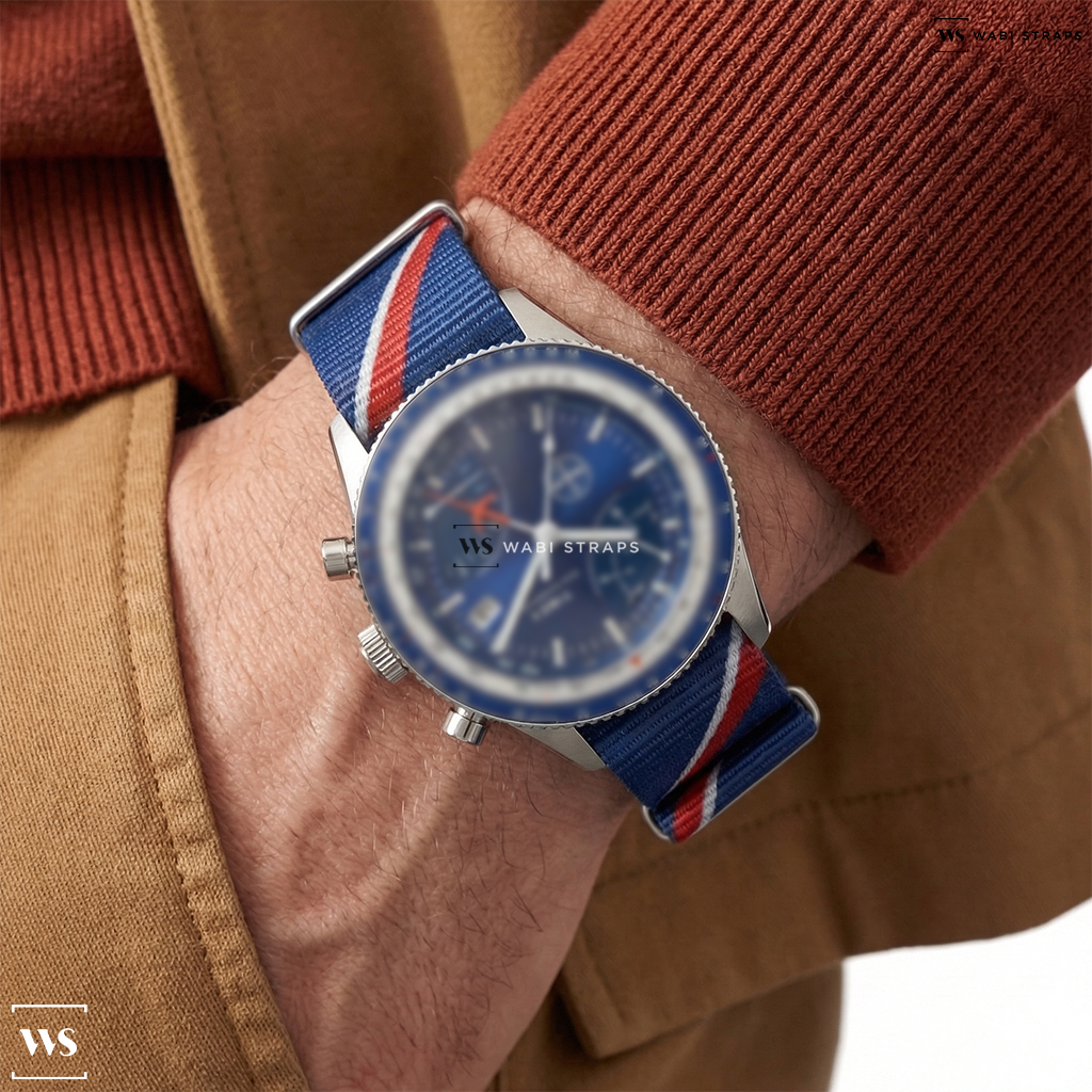 Blue/Red/White Graphic Print Nylon Watch Strap on Timex Fly Back Chronograph x Pan Am® 43mm