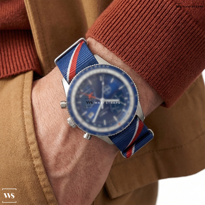 Blue/Red/White Graphic Print Nylon Watch Strap on Timex Fly Back Chronograph x Pan Am® 43mm