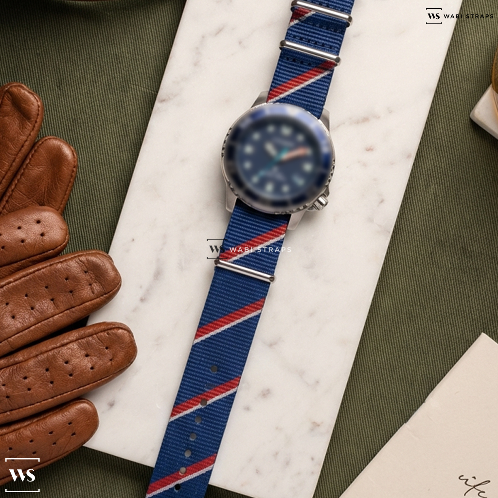 Blue/Red/White Graphic Print Nylon Watch Strap on Citizen Promaster Dive Eco-Drive 37mm