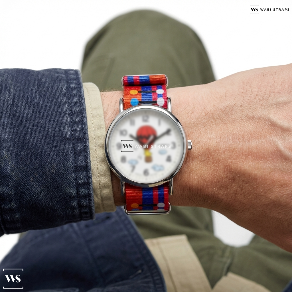 Blue/Orange/Red/White Graphic Print Nylon Watch Strap on Timex Weekender x Peanuts Balloon 38mm