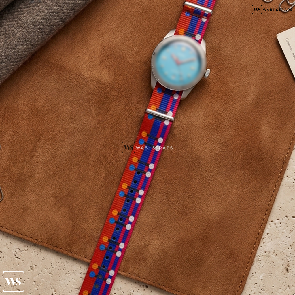 Blue/Orange/Red/White Graphic Print Nylon Watch Strap on Oris Divers Sixty-Five "Cotton Candy" Steel