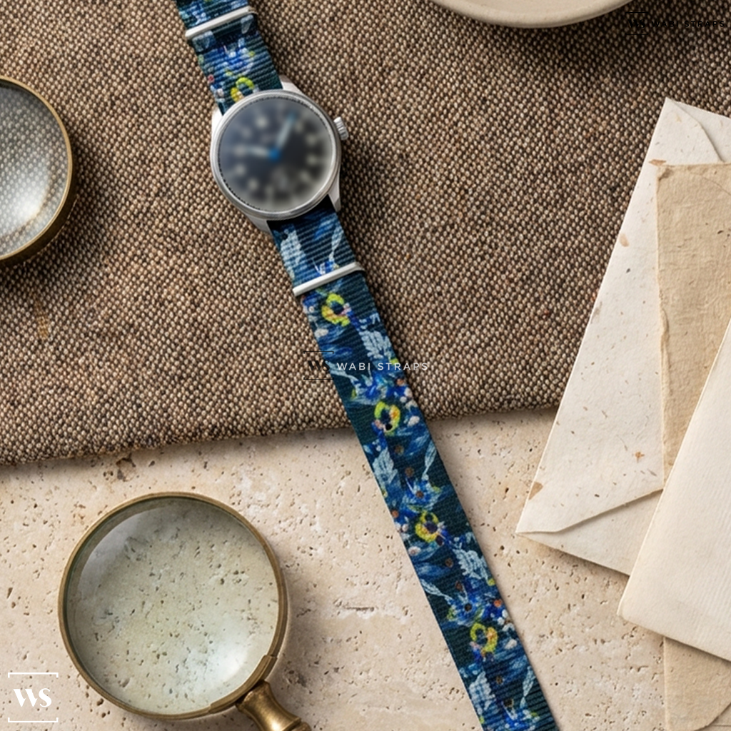 Black/Blue/Yellow Floral Print Nylon Watch Strap on Laco Ulm and Würzburg 39