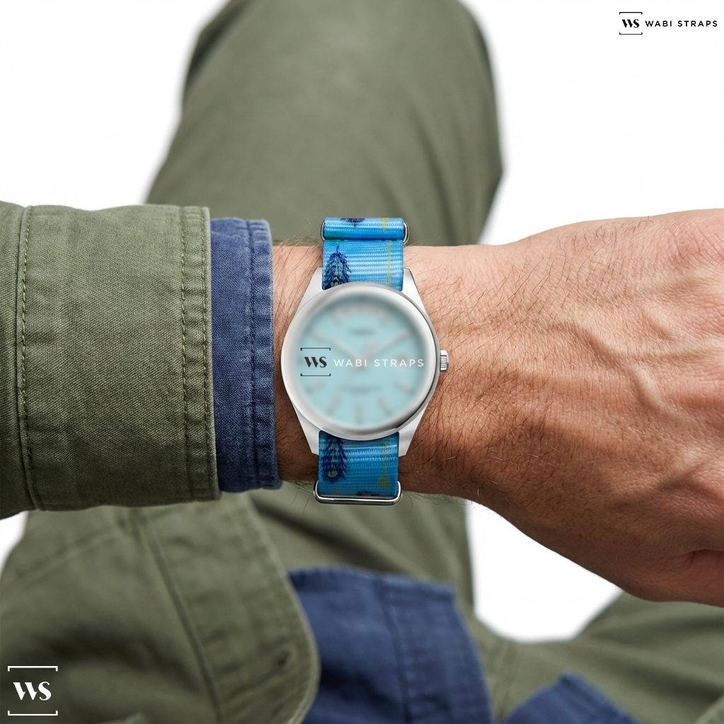 Black/Blue/Yellow Graphic Print Nylon Watch Strap on Timex Marlin® Hand-Wound x Snoopy Tennis
