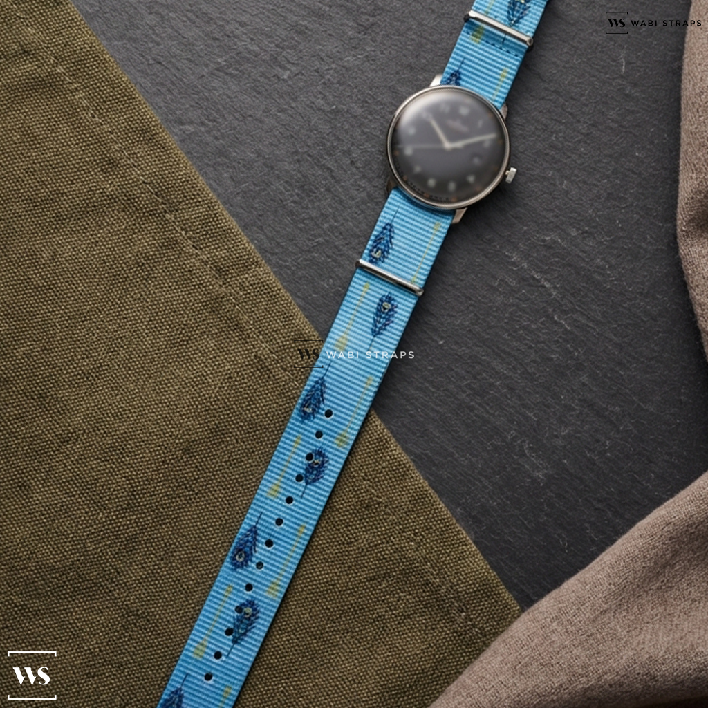 Black/Blue/Yellow Graphic Print Nylon Watch Strap on Junghans FORM A Titan