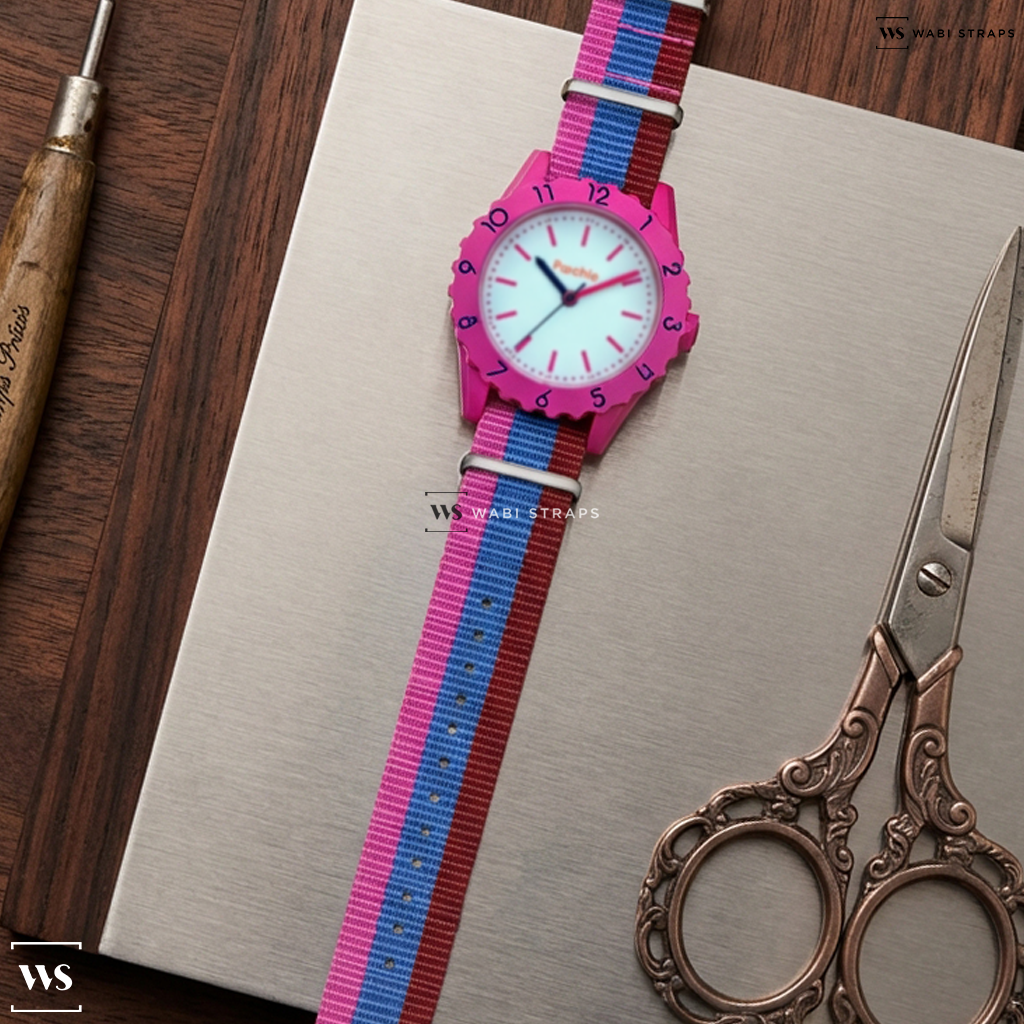 Blue/Pink/Red 3 Stripes Nylon Watch Strap on Parchie Party Time Kids
