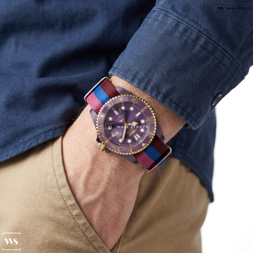 Blue/Pink/Red 3 Stripes Nylon Watch Strap on Invicta Pro Diver Watch 40889