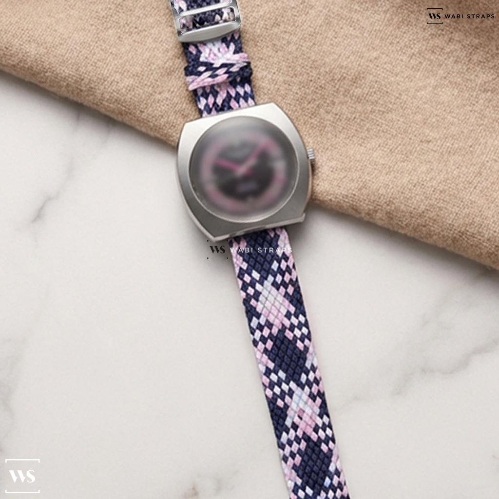 Blue/Pink/White Interwoven Contrast Nylon Watch Strap on Longines Admiral Automatic Pink Accents UFO