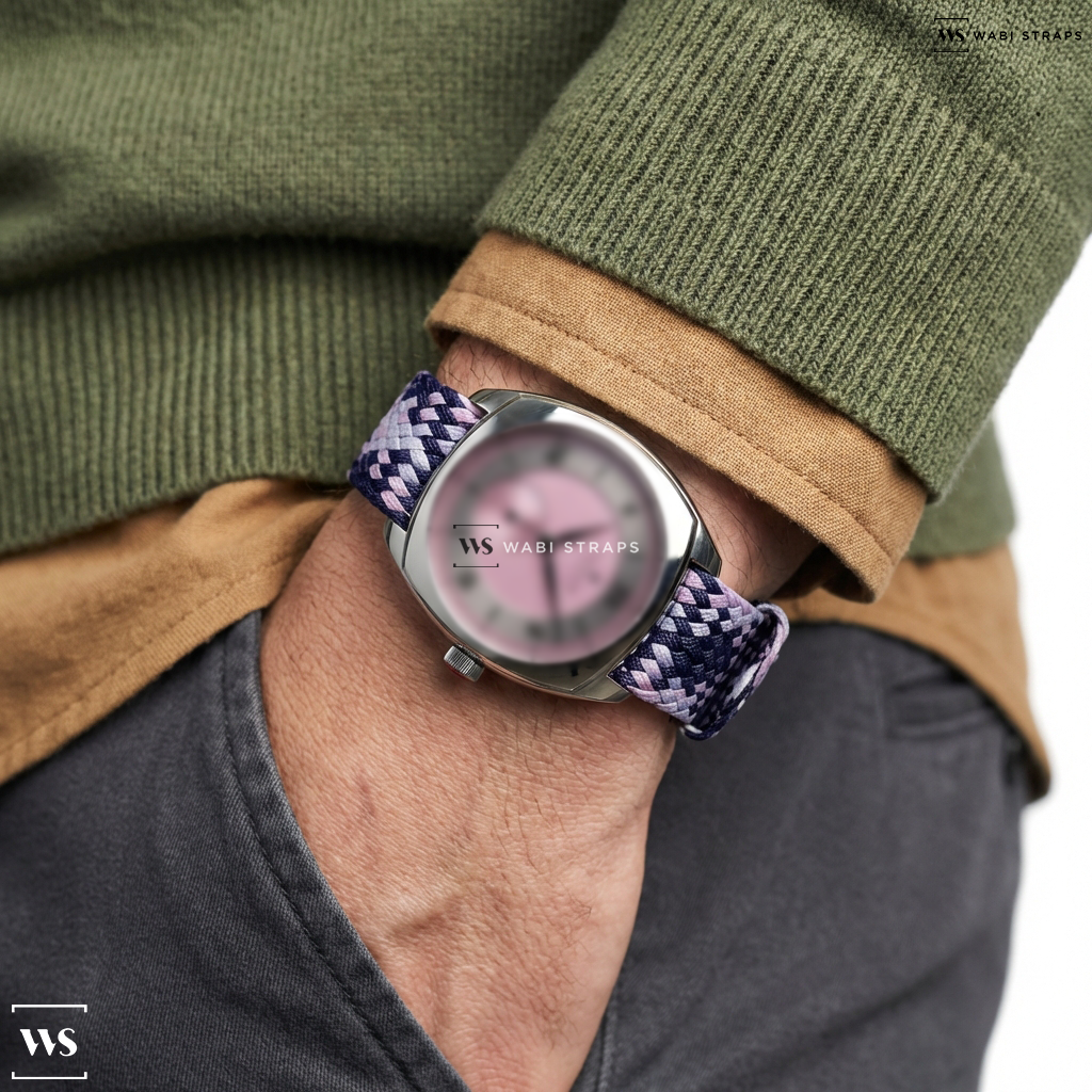 Blue/Pink/White Interwoven Contrast Nylon Watch Strap on Farer The Stanhope II Durham