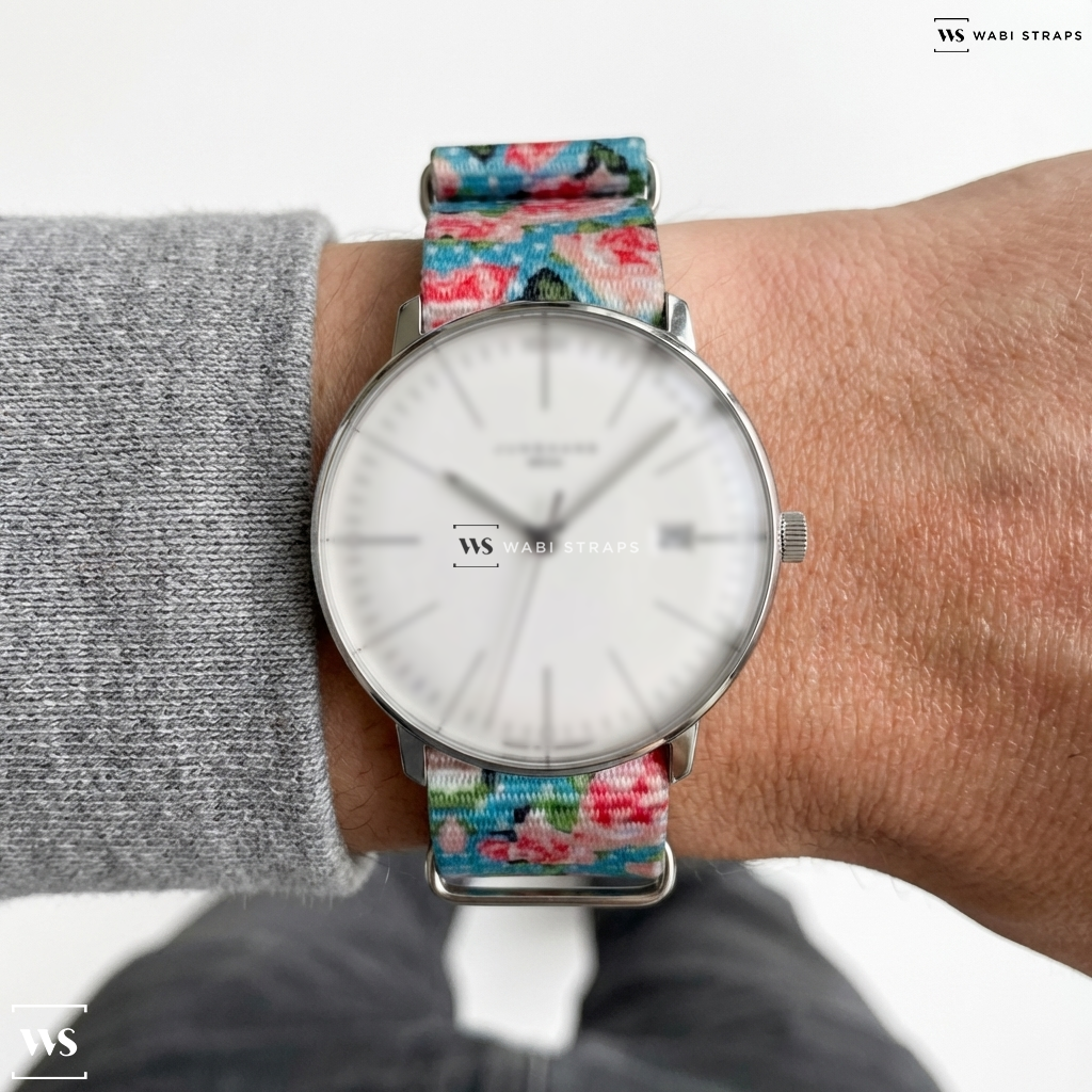 Blue/Pink/White Floral Print Nylon Watch Strap on Junghans Max Bill Mega