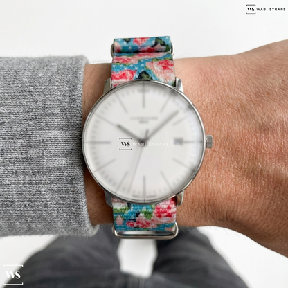 Blue/Pink/White Floral Print Nylon Watch Strap on Junghans Max Bill Mega