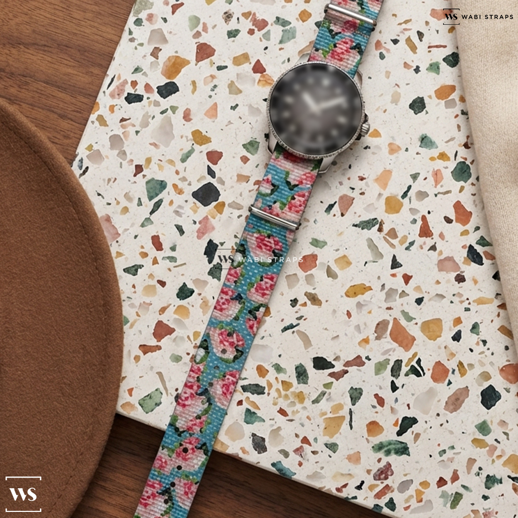 Blue/Pink/White Floral Print Nylon Watch Strap on Tissot Seastar 1000 Powermatic 80 40mm