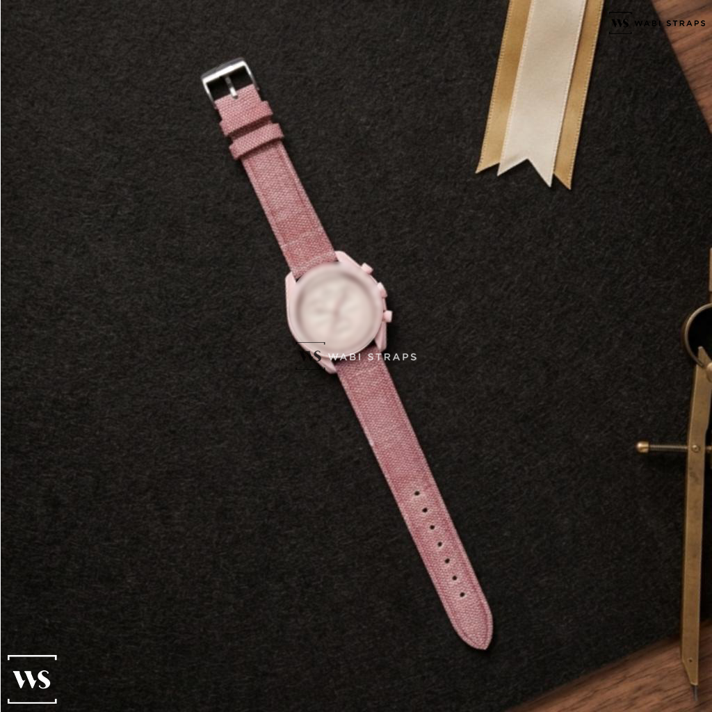 Pink Denim Leather Watch Strap on MOONSWATCH MISSION TO VENUS