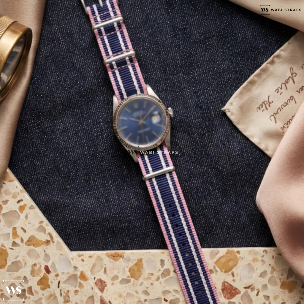 Blue/Pink/White 4 Thick 1 Thin Stripe Nylon Watch Strap on Rolex Datejust 1600 Blue Dial Smooth Bezel