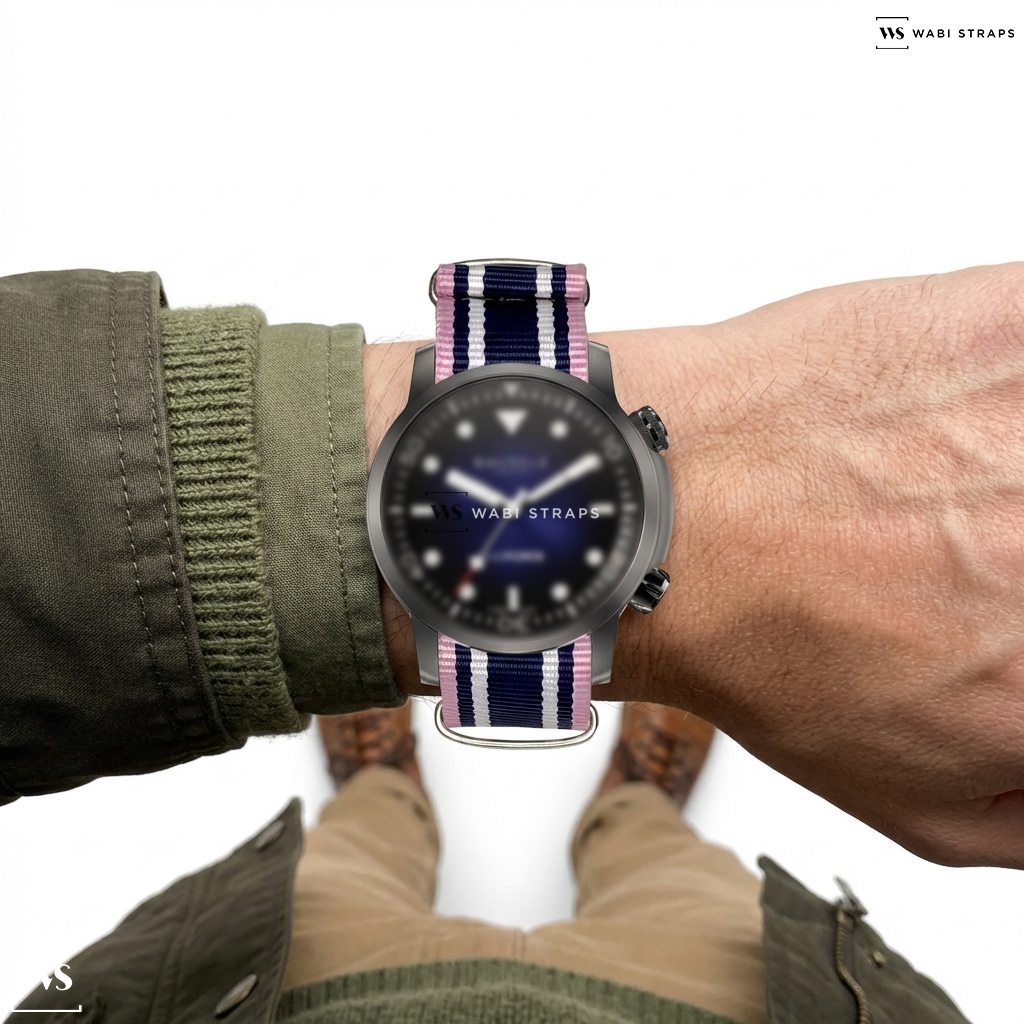 Blue/Pink/White 4 Thick 1 Thin Stripe Nylon Watch Strap on Ocean Moon V Air Force 5th Generation Limited Edition