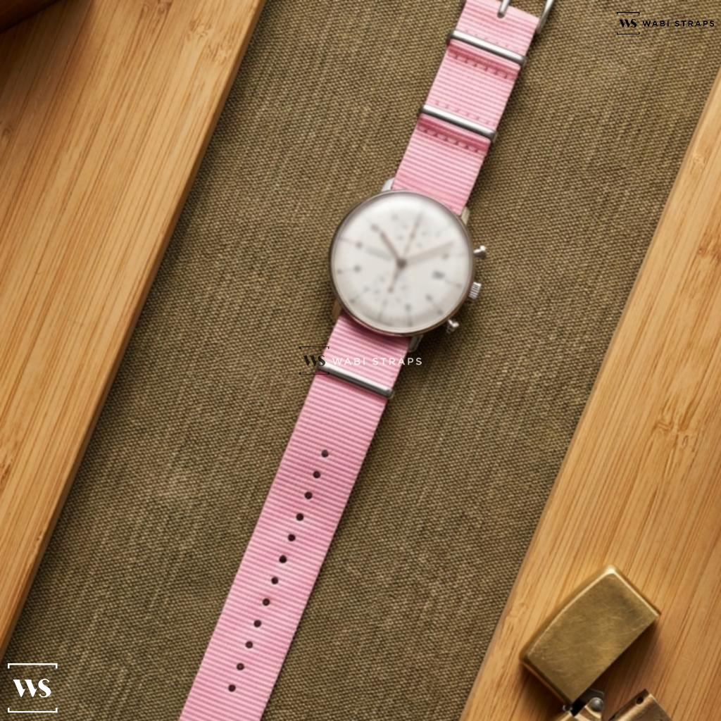 Pink Bright Solid Plain Nylon Watch Strap on Junghans Max Bill Chronoscope