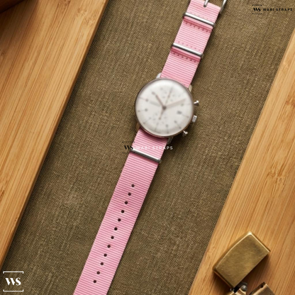 Pink Bright Solid Plain Nylon Watch Strap on Junghans Max Bill Chronoscope