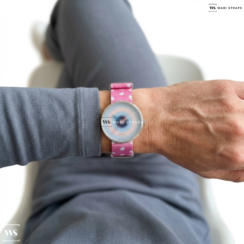 Pink/White Graphic Print Nylon Watch Strap on Josef Albers Homage to the Square