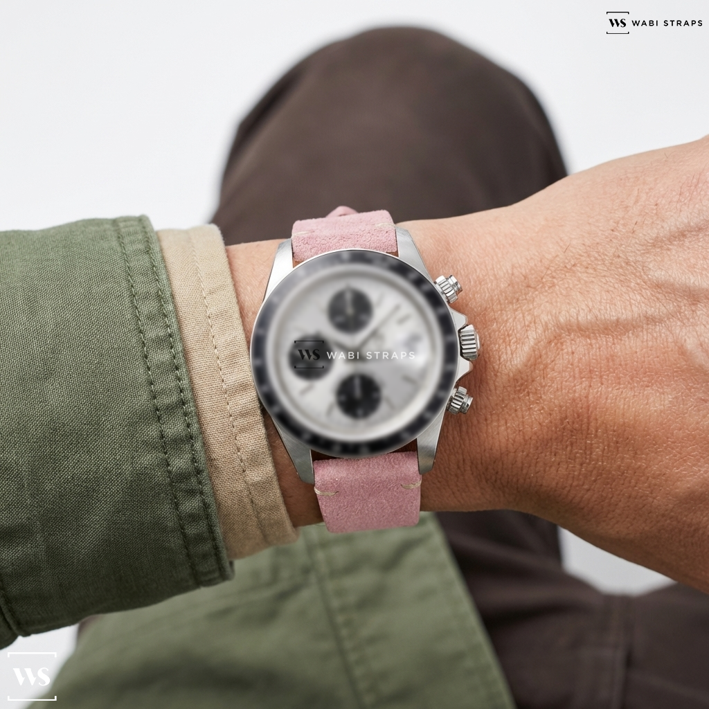 Pink Fuzzy Grain Leather Watch Strap on Tudor Oysterdate Chronograph SERVICED