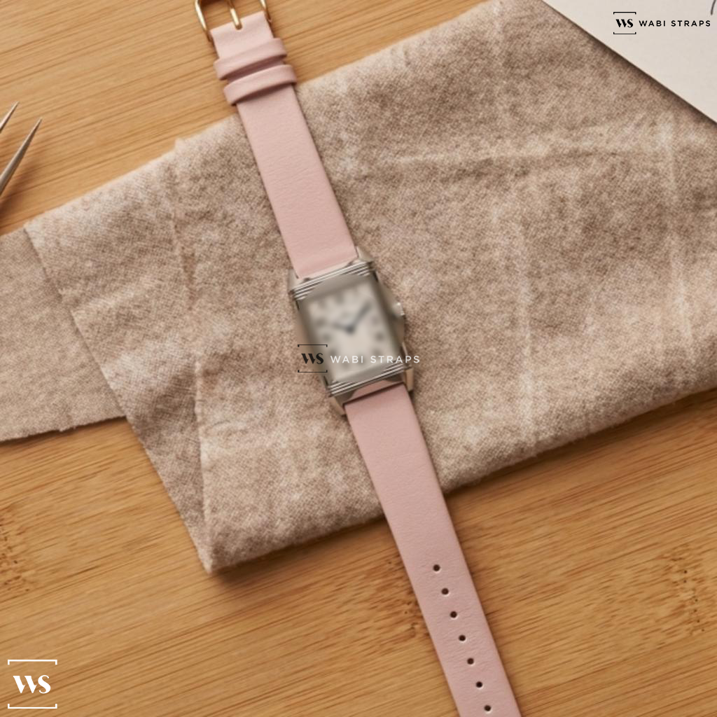 Pink Smooth Leather Watch Strap on Jaeger LeCoultre Grande Date Reverso SS Bracelet