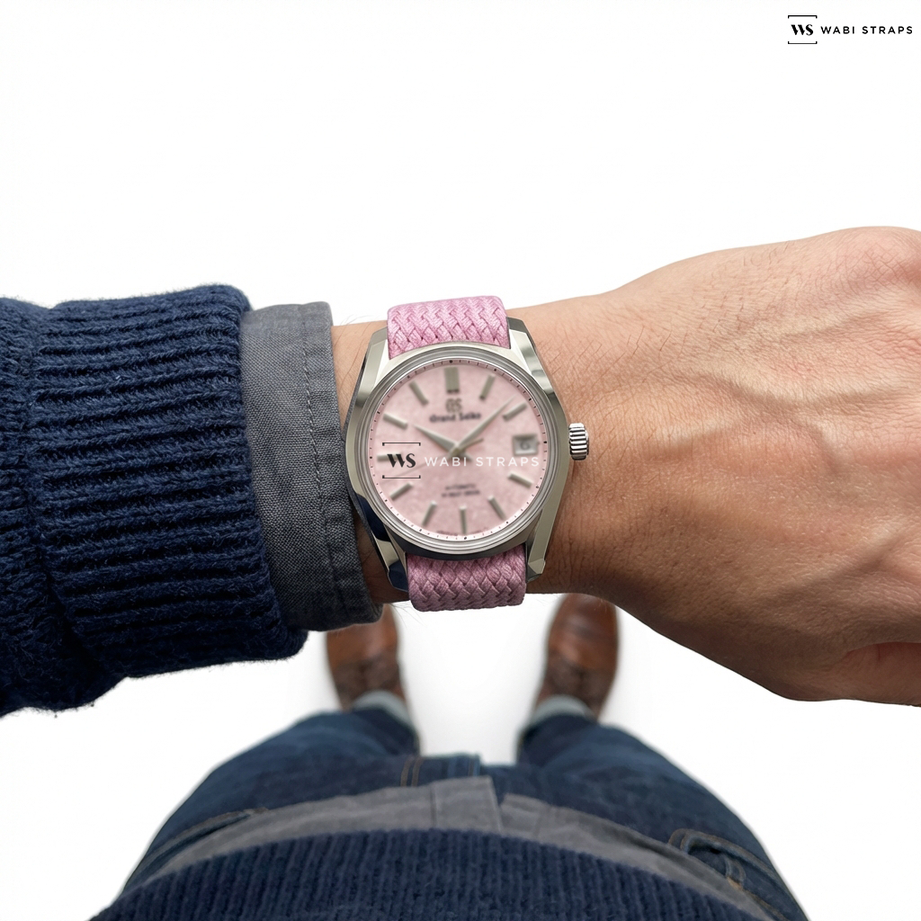 Pink Solid Plain Nylon Watch Strap on Grand Seiko Hi-Beat 36000 SBGH341 "Sakura-Kakushi"