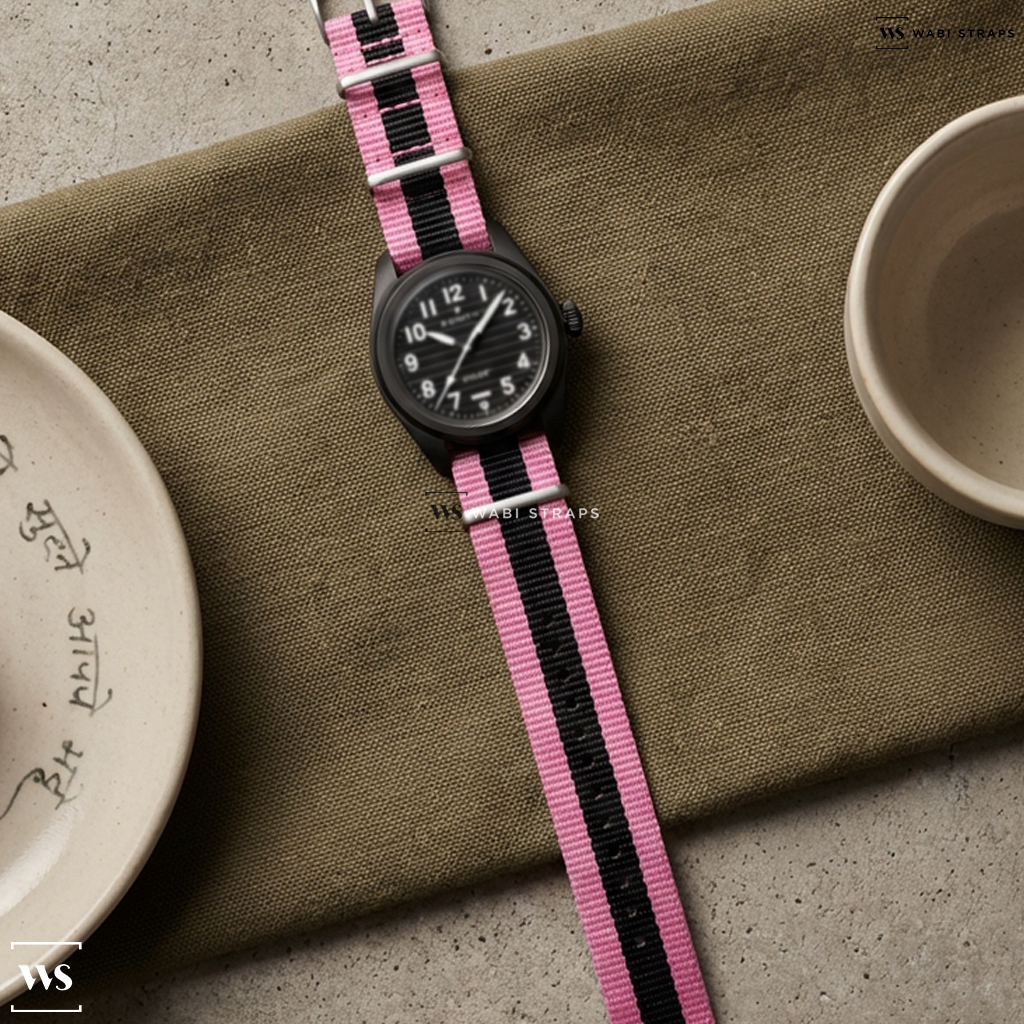 Black/Pink 3 Stripes Nylon Watch Strap on Zenith Pilot Black Ceramic