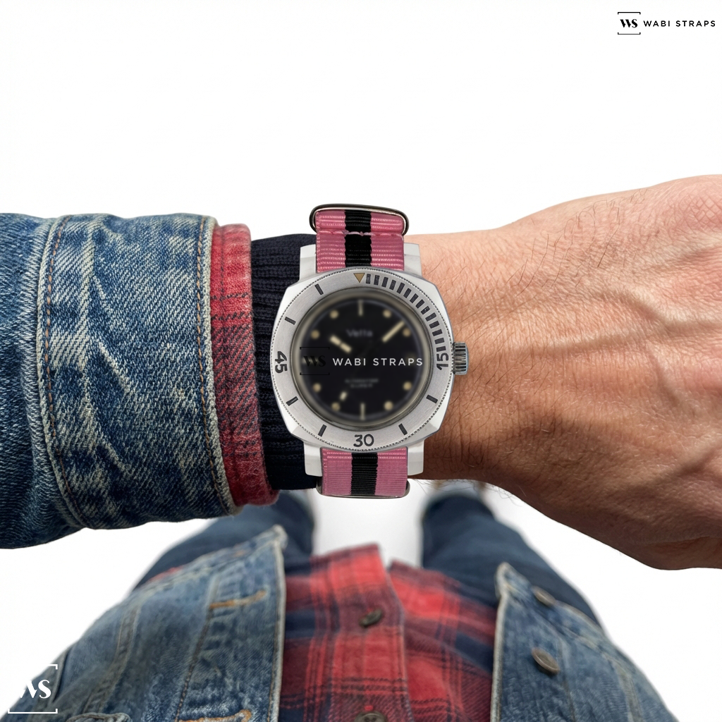 Black/Pink 3 Stripes Nylon Watch Strap on Vetta Automatique Super